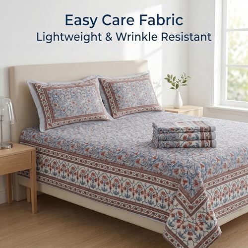 Image of Mafatlal 144 TC Heritage Queen Size (90x108 inches) Floral Printed Double Bedsheet with Pillow Covers | Soft 100% Pure Cotton Bedsheet Set | Tribal Multicolor