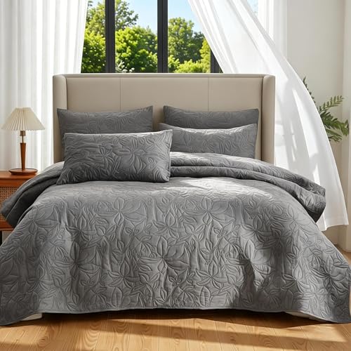 Andreannie Quilts King Size Bedding Set Gray Bedspreads 3 Pieces (1 Quilt, 2 Pillow Shams) Soft Bed Summer/Fall Lightweight Breathable Bedspread Comforter Modern Style Plant and Flower for All Season