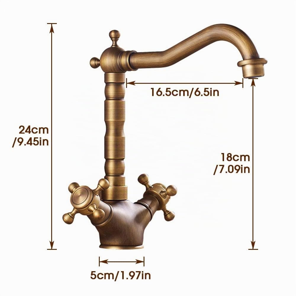 Grifo Lavabo Latón Vintage,Grifo Lavabo Alto de Agua FríA y Caliente con Dos Mandos Giratorios,Grifo Del Fregadero Baño Cocina Cerámica,con 2 Mangueras,Salida de Agua con Giro de 360°,Ahorro de Agua