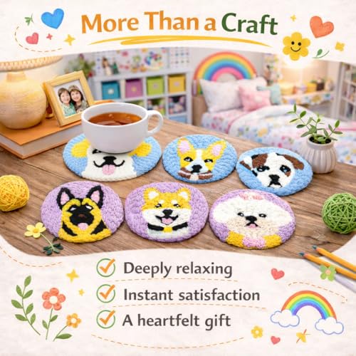 Image of Punch Needle Coaster Kit for Adults Beginners, Easy Punch Embroidery Starter Set with Instructions - Fun Mug Rug Making Kit for Table Decor & Festival DIY Gifts (6pcs Cute Dogs)