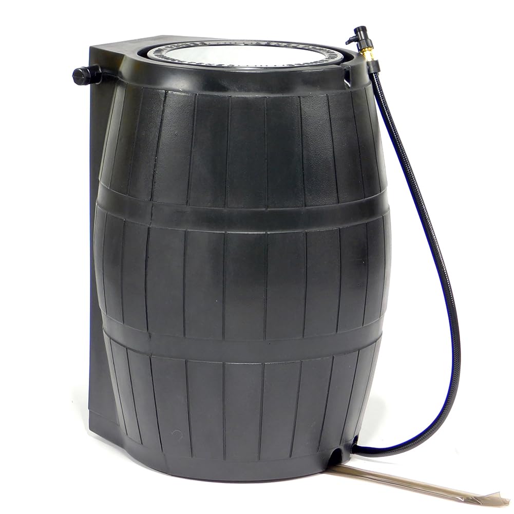 FCMP Outdoor Rain Catcher 4000, Flat Back Rainwater Barrel, 50 Gallon Black - Rainwater Collection Storage Container Side Spigot Mesh Screen Garden Overflow Hose & Link Kit