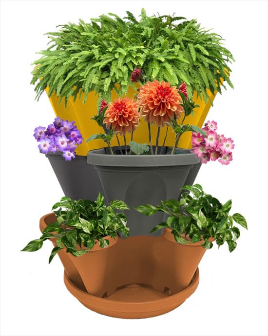 Natures Distributing 3 Tier Stacking Planter-Flower, Herb, Stackable Garden, Vegetable-Self-Watering-Indoor/Outdoor (Tuscany, Terracotta, Gray)