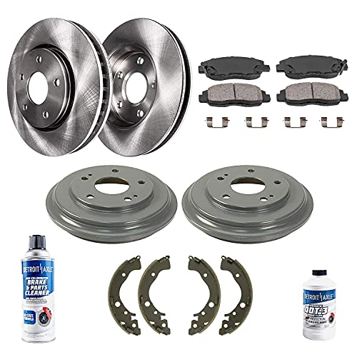 Detroit Axle Replacement for 2006-2011 Honda Civic Front Disc Brake Rotors Rear Brake Drums + Ceramic Brake Pads Shoes Brake Cleaner Fluid - 10pc Set