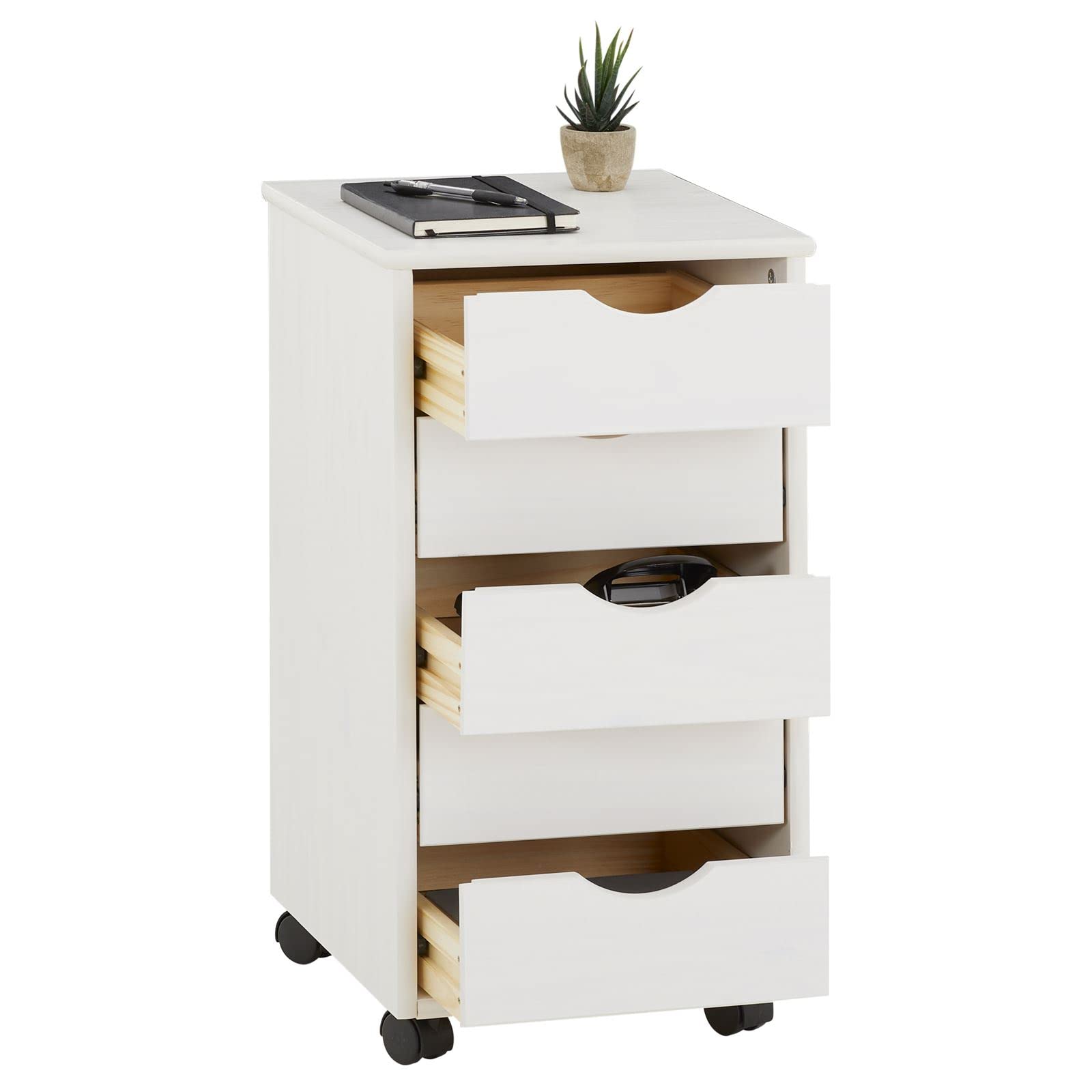 IDIMEX Caisson de Bureau Lagos Meuble de Rangement sur roulettes avec 5 tiroirs, en pin Massif lasuré Blanc