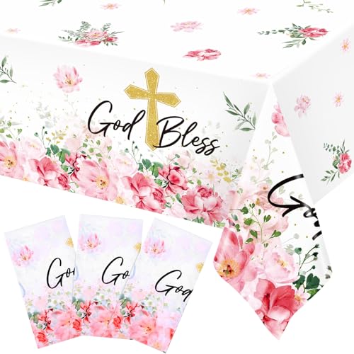 Image of Ganeen 3 Pcs God Bless Baptism Tablecloth First Holy Communion Table Cloth Pink Disposable Plastic Religious Table Cover Waterproof for Christening Baby Shower Baptism Party Decorations, 54 x 108 Inch