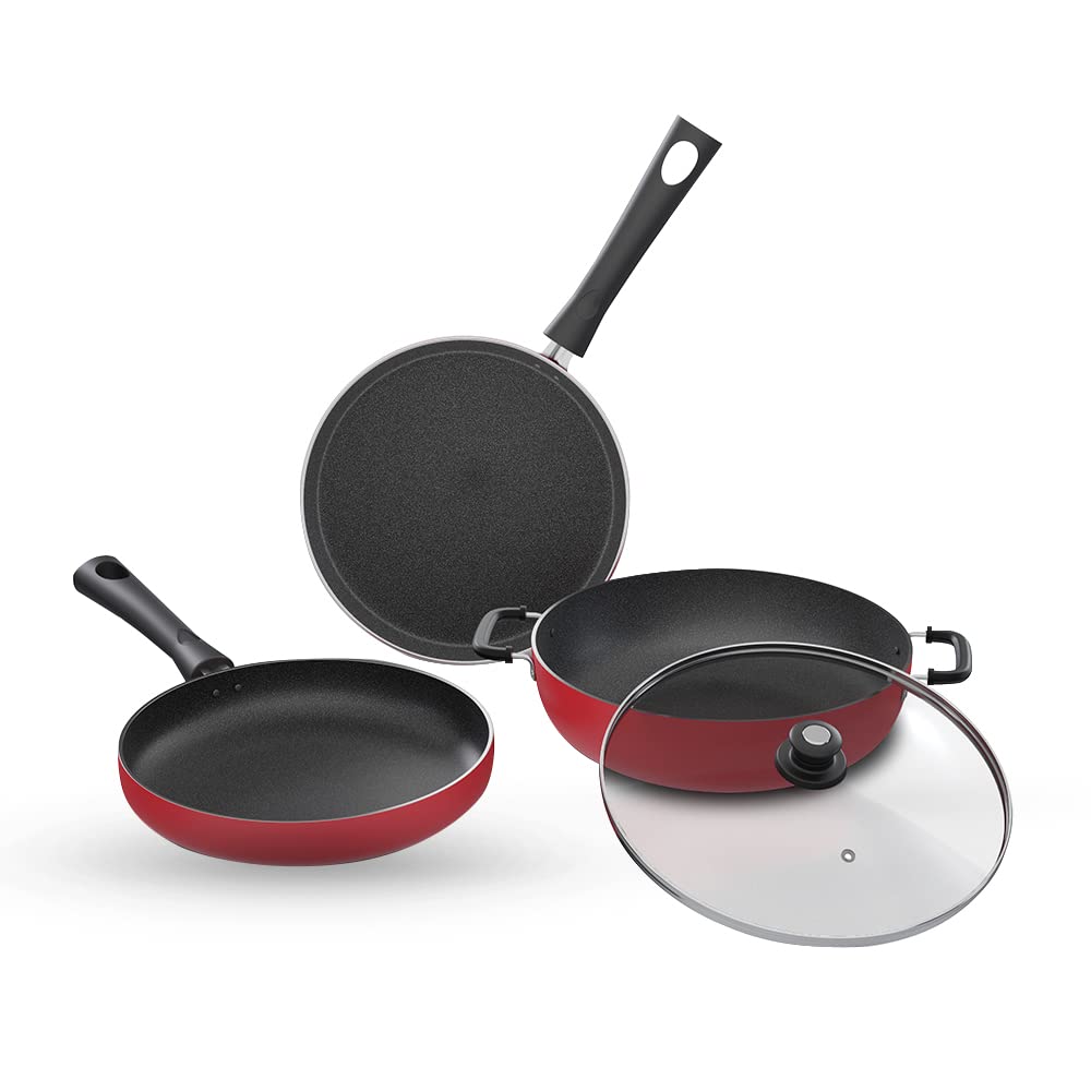 Lifelong Induction Base Non Stick Aluminium Cookware Set of 3| Nonstick Kadai with Glass Lid, 23cm| Nonstick Flat Tawa, 24cm| Nonstick Frying Pan, 22cm (Burgundy, LLCK21) (B0BHDY41S1) Amazon Price History, Amazon Price Tracker