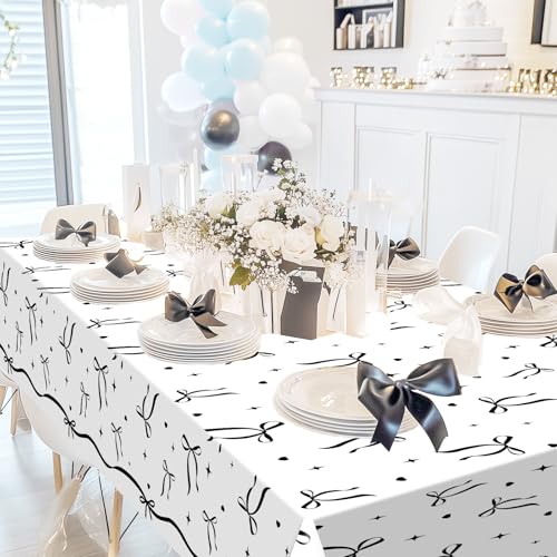 Image of Avezano 3 pcs Black Bow Tablecloths 108 x 54 inch Bow Birthday Decorations Black and White Coquette Plastic Table Cover Disposable Bachelorette Party Supplies
