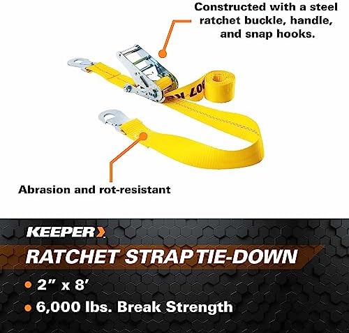 Keeper – 2” x 8’ Heavy Duty Auto Tie-Down with Snap Hooks - 2,000 lbs. Working Load Limit and 6,000 lbs. Break Strength - Image 3