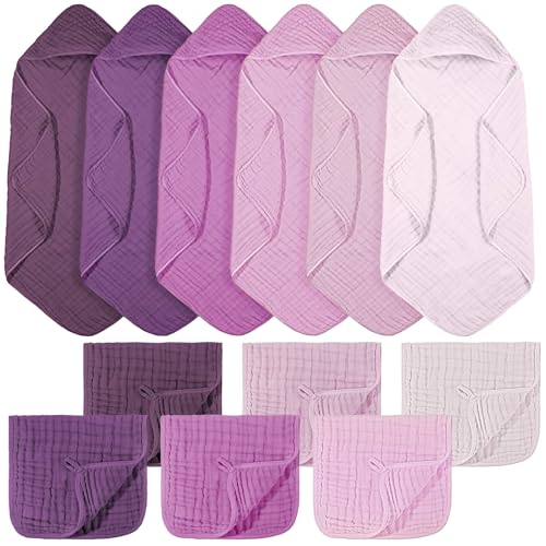 Image of VitalCozy 12 Pcs Baby Muslin Hooded Bath Towels and Washcloths, Muslin Hooded Baby Towels Absorbent Blankets for Gift Newborn Infant Shower (Purple Series)