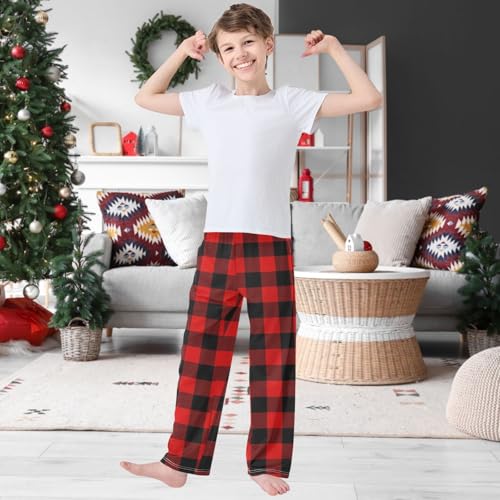 Boy's Pants Red Black Lumberjack Plaid Jogger Pants Elastic Waist Long Bottoms Trousers with Pockets 6-14 Years2