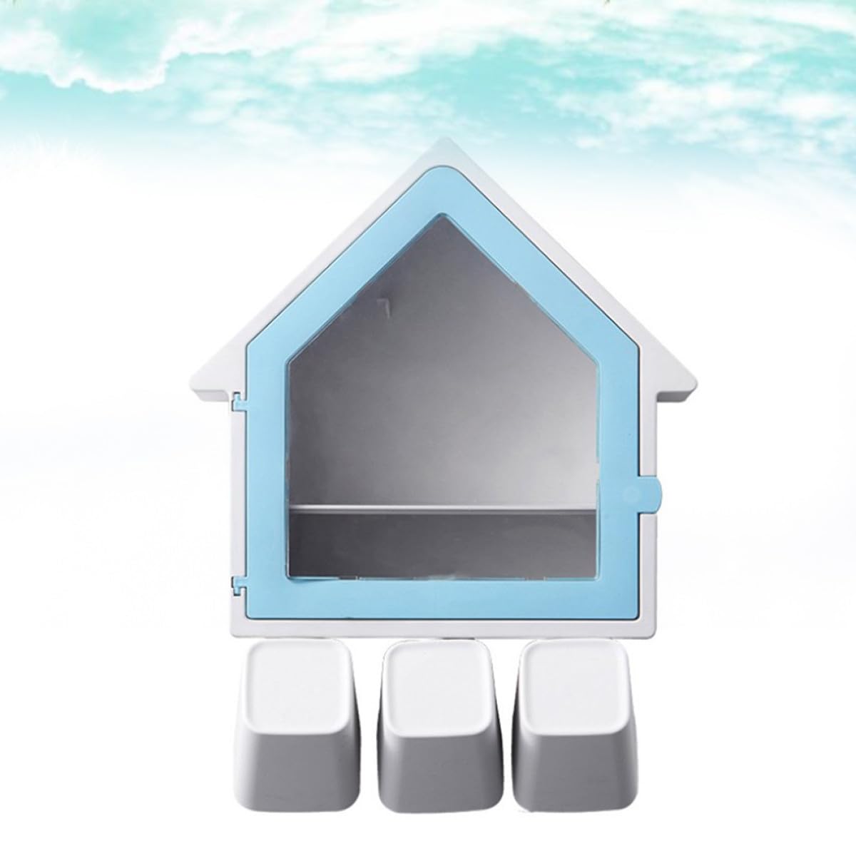 Portaspazzolino a Forma di Casa Blu, Supporto Bagno Abs Pp | 34x27cm, Due Posti per Spazzolini e Tazza, Fissaggio senza Fori, Design Drenante