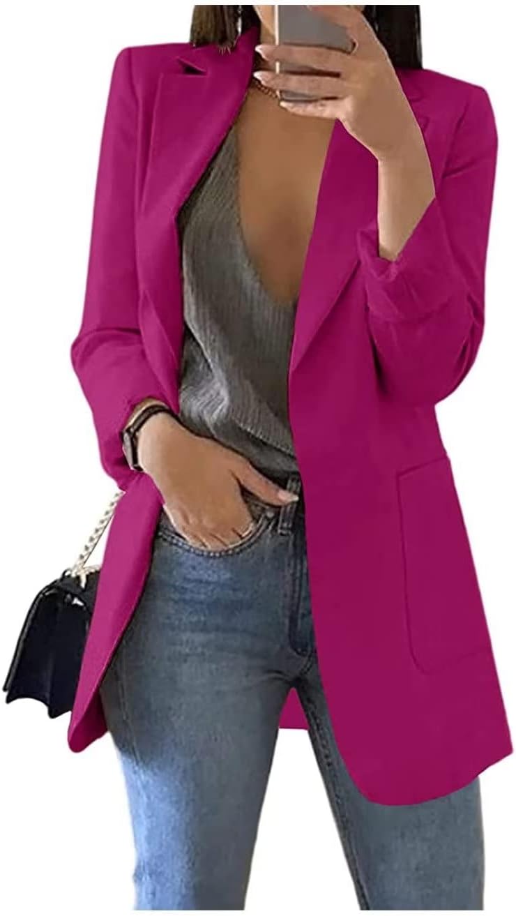 SAROULU Womens Casual Open Front Long Sleeve Blazer Solid Work Office Jackets with Pockets