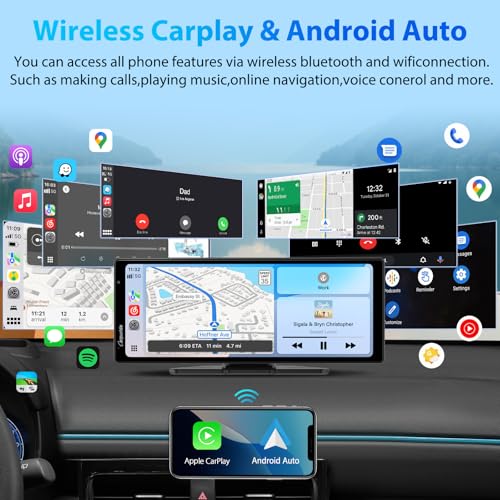 Image of CARPURIDE 10.26 Inch HD Wireless Carplay & Android Auto Screen, 4K+1080P+1080P Dash Camera for Cars with 64GB Card, with Loop Recording, Bluetooth, GPS, FM, Super Link