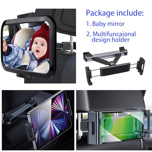 Image of Baby car mirror,2 in 1 Multifunctional design,Safety infant Car Seat Mirror,Wide view shatterproof mirror,Angle-adjustable tablet holder fits 5.9-10.5 inch Devices