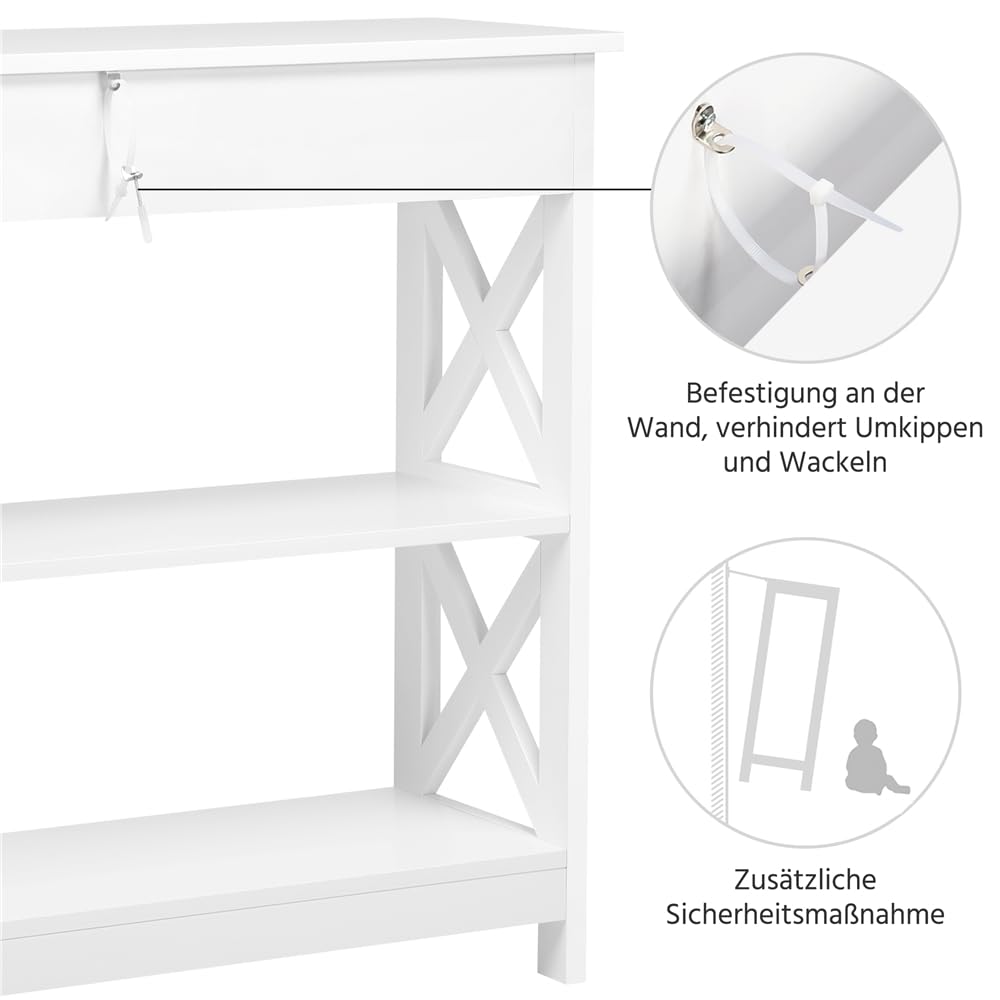 Yaheetech Konsolentisch, Flurtisch mit Schublade und 2-stufigen Ablagefächern, Beistelltisch Holz, Sofatisch mit stabilem X-Rahmen, für Eingang, Flur, Wohnzimmer, 100 x 30 x 80 cm, Weiß