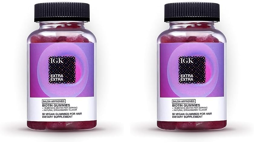 IGK Biotin - Gomitas para el cabello de 10,000 mcg de biotina (60 unidades), sabor a fresa, suplemento para el crecimiento del cabello, gomitas para