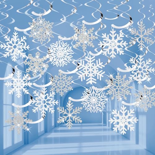 Snowflake Decorations, Christmas Hanging Decor, White Silver, 30-Pc