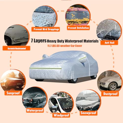 SNKOL 7 Layers Waterproof Heavy Duty Car Covers for Automobiles All Weather Season Anti-Hail UV Protection Snowproof Outdoor 11.7LBS Full Cover Universal Fit Sedan 186