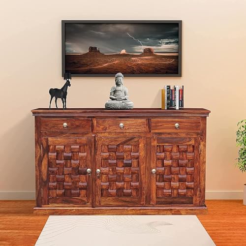 Solid Sheesham Wood Sideboard Storage Cabinet with 3 Drawers and 3 Doors | Spacious Wooden Buffet Cabinet for Dining Room, Living Room & Home Storage | Natural Honey Finish-image-26