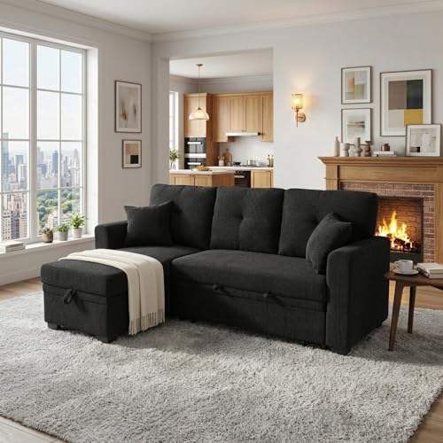 Image of KEIKI 71 inch Sleeper L Shaped Sofa with Pull Out Bed, 3 Seater Sectional Sleeper Sofa with Reversible Chaise, Modular Sectional Sofa with Storage for Living Room, Black