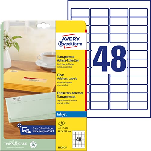 AVERY Zweckform J4720-25 adressetiketter/adressdekal (1 200 etiketter, 45,7 x 21,2 mm på A4, tryckbar, självhäftande, för avsändningsetiketter, polyesterfolie, bläckstråleskrivare) 25 ark, transparent