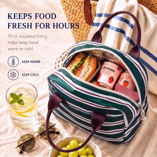 Image of LOVELYWIND Lunch Box for Women, Insulated Lunch Bag, Green Striped Tote