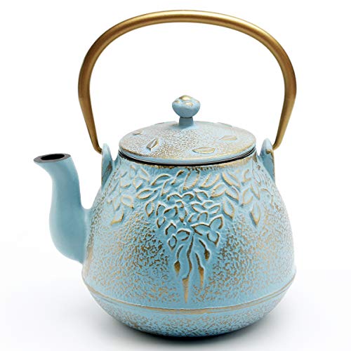 Teapot TOPTIER Japanese Cast Iron Tea Kettle with Stainless Steel Infuser Cast Iron Teapot Stovetop Safe Leaf Design Teapot Coated with Enameled Interior for 32 Ounce 950 ml Turquoise Blue