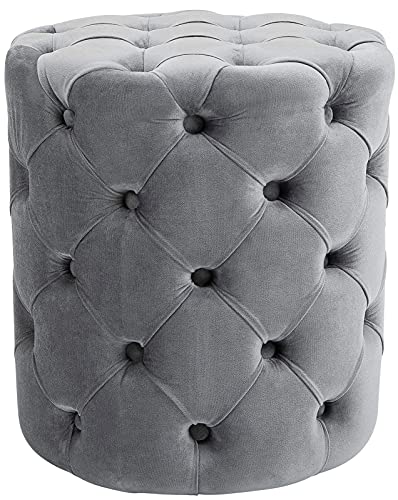 CLP Tabouret Rond en Velours Drancy, rembourré avec Boutons décoratifs, Look Chesterfield, pour Salon, Chambre, Couleur:Gris, Taille:M