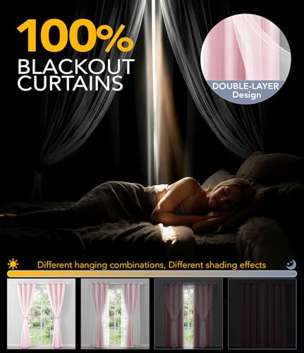 Image of 100% Blackout Curtains with Sheer, Pink, 52 x 108 inch, 2 Panels