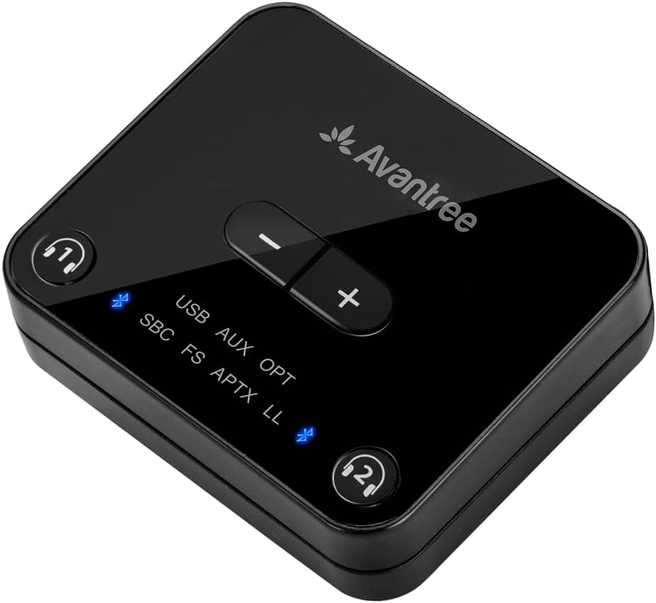 Audikast Plus Bluetooth 5.0 Transmitter for TV PC with Volume Control, aptX Low Latency Wireless Audio Adapter for 2 Headphones (Optical, Aux, RCA, USB) 100ft Long Range (No Receiver Mode)