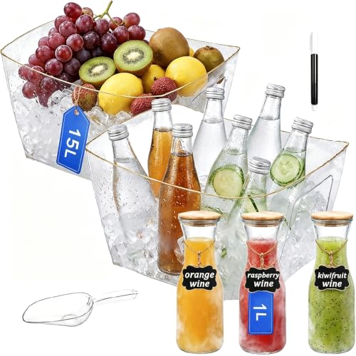 10Pcs Mimosa Bar Set, 2 Clear 15L Ice Buckets, 3 1L Glass Carafes with Lid | Scoop, Blackboard Tags Includes, Acrylic Ice Bucket Set, Cocktail Bar & Mimosa Bar Supplies for Champagne Beer Brunch Wedding