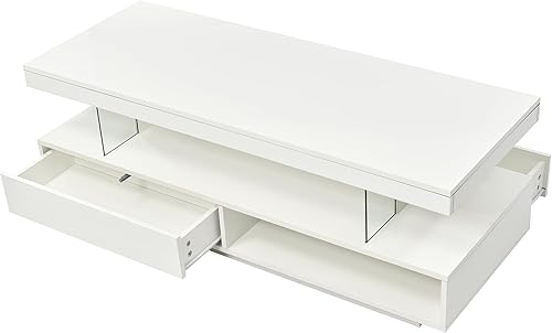 Miniatura 5 de Moderna mesa auxiliar LED con almacenamiento, mesa central de cóctel de alto brillo con cajones, estantes de exhibición y luces LED para sala de