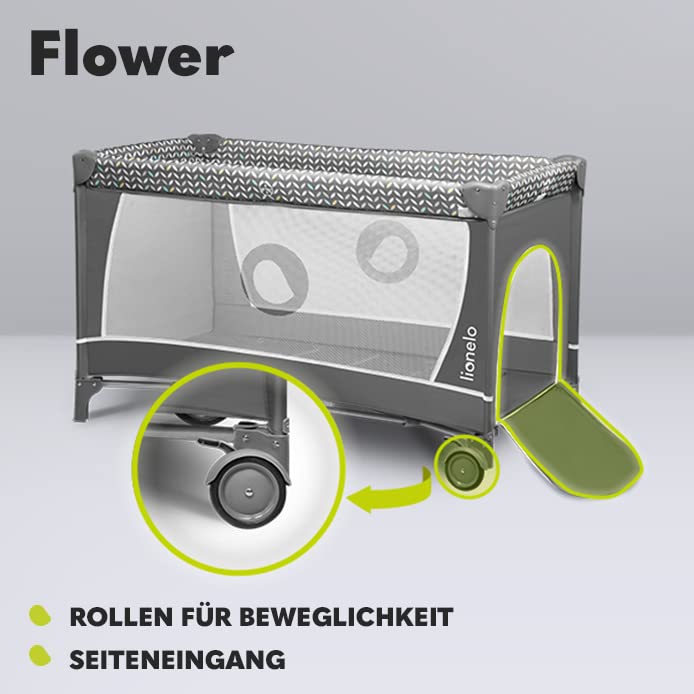 Lionelo Flower 4in1 Reisebett Baby mit Seiteneingang, Wickeltisch, Zwei Matratzenaufhängungshöhen, Spielzeugbogen mit Spielfiguren, Rollen, Tragetasche