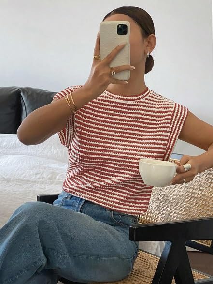 Image of Jawdrobe Women's Striped Western Top Round Neck Cap Sleeve T-Shirt for Women