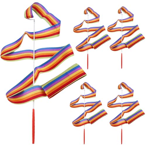 ZAMXHUG Regenbogen deko - 5 pcs Regenbogen Gymnastikband Tanzband Schwungband mit Stab Kinder Mädchen, Karneval Zirkus Spielzeug für Kinder Draußen Geschenke Kindergeburtstag Mitgebsel