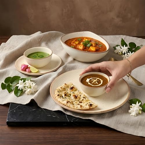 Image of Miah Decor Ceramic Dinner Set - 14-Piece Handmade Stoneware | 4 Bowls, 4 Quarter Plates, 4 Dinner Plates & 2 Serving Bowls | Off White Ribbed Matte Finish | Microwave & Dishwasher Safe | Ideal Gift