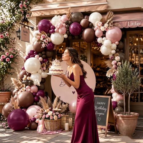 Image of Pink Brown Balloon Arch Double Stuffed Plum Dusty Pink White Balloon Kit