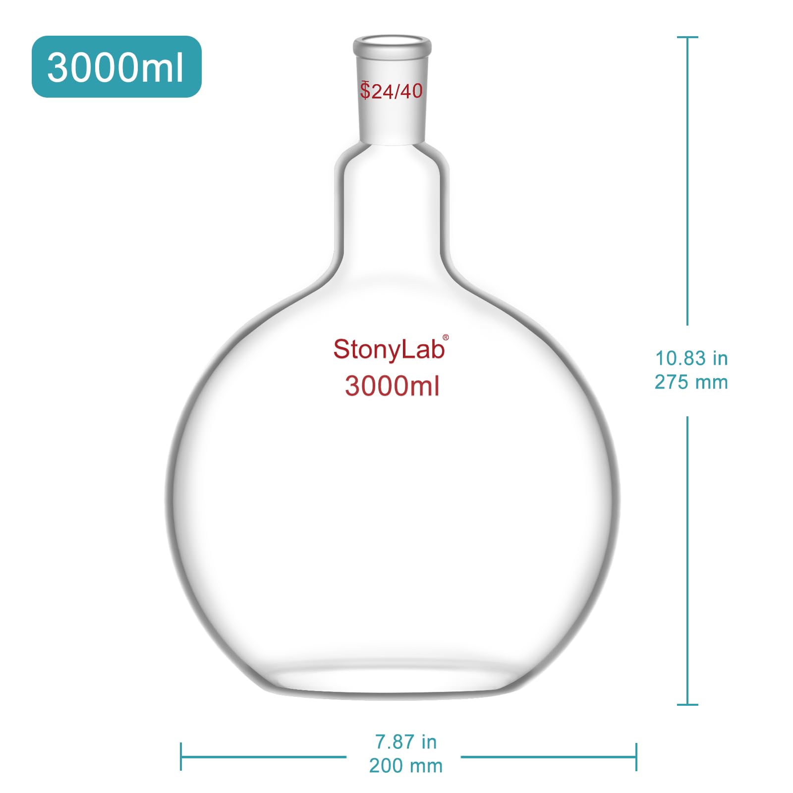 stonylab de Vidrio de Borosilicato de 3000ml Frasco de Ebullición Inferior Plano de Cristal, con Junta Exterior Cónica Estándar 24/40-3000ml