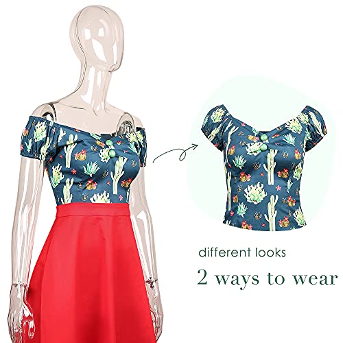 Image of YARN & INK Women's Rockabilly Tops 1950s Pinup Shirt Casual Off Shoulder Vintage Blouse