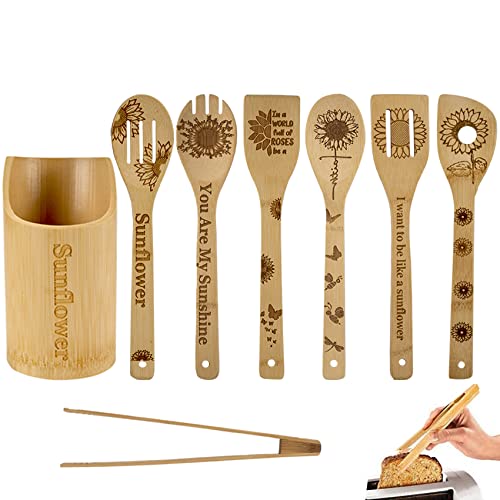 8PCS Sunflower Wooden Cooking Spoons with Holder,Sunflower Kitchen Decor,Sunflower Gifts,Sunflower Gift for Women,Sunflower Gifts for Sunflower Lovers,Housewarming Wedding Birthday Mom Cooking