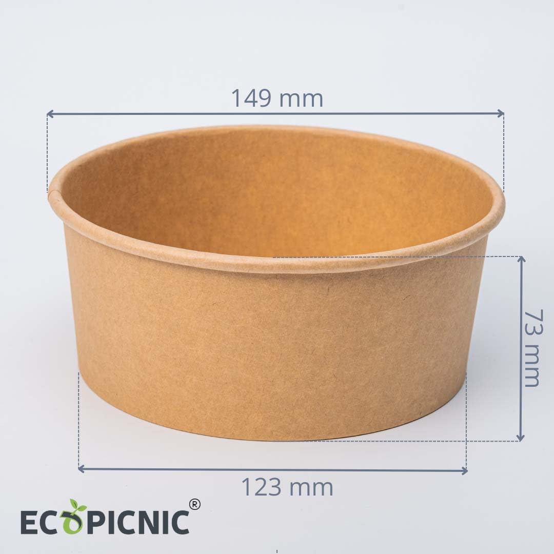 300 sztuk Kraftowych Misk na Sałatki z Wieczkami PP 1000 ml | Jednorazowe Pojemniki na Żywność do Sałatek, Zup i Na Wynos, Ekologiczne Papierowe Miski