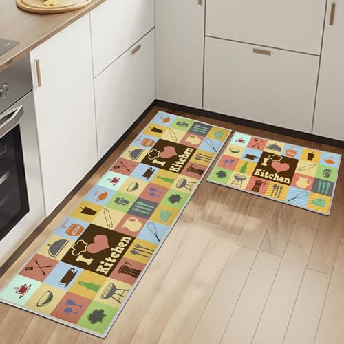 HSGLGNA Lot de 2 Tapis de Sol Anti-Fatigue pour décoration de la Maison et du Bureau - Imperméables, antidérapants et Confortables (Ustensiles de Cuisine D,...