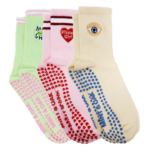 Image of Mint & Oak Pilates Socks with Grips for Women, Ankle Length Non-Slip Yoga Socks, Cotton Ideal For Yoga, Pilates, Gym, Workout, Cute Women's Gift