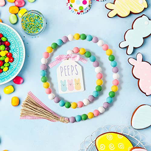 Easter Peeps Bunny Wooden Bead Garland With String Prayer Tassels Country Farmhouse Layered Tray Decoration Country Wall Decoration Colorful Natural Wood Bead Decor Easter Party Home #TOP3