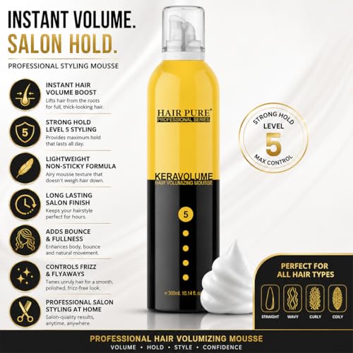Image of Hair Pure Keravolume Hair Volumizing Mousse Enrich with Keratin for Men & Women | Strong Hold Hair Styling Mousse | Long Lasting Volume & Shine | Non-Sticky Lightweight Formula | All Hair Types | 300ml