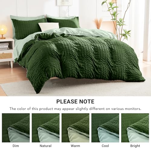 Image of HYMOKEGE Dark Green /Sage Green Queen Comforter Set Seersucker 7 Pieces, All Season Luxury Bed in a Bag Queen for Bedroom, Bedding Set with Comforter, Sheets, Pillowcases & Shams