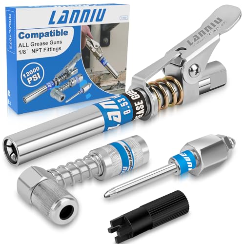 LANNIU Grease Gun Coupler Kit - 12000 PSI Strong Lock Grease Coupler with 90 Degree Grease Coupler Adapter & Grease Needle Tip, Heavy Duty Lubrication Grease Gun Tips for All 1/8'' NPT Fittings