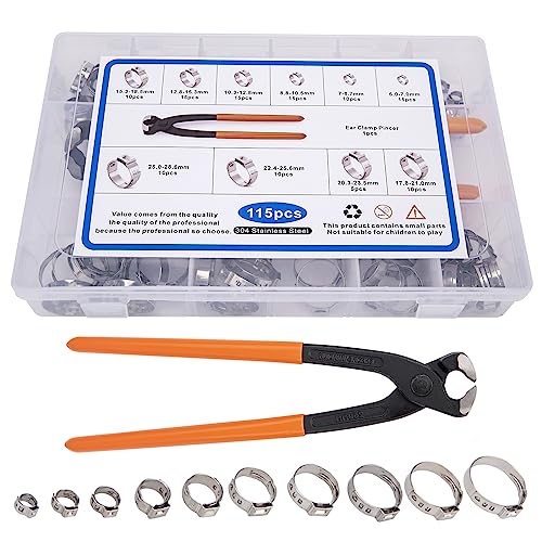 Single Ear Hose Clamps - 115 pcs, 10 Sizes, 304 Stainless Steel - Stepless Design with Ear Clamp Pincer - Cinch Rings Crimp Hose Clamps Assortment Kit for Water Pipe and Automotive Use