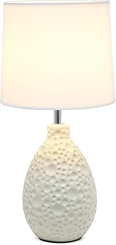Miniatura 3 de Simple Designs LT2003-WHT - Lámpara de mesa ovalada de cerámica de estuco texturizada con pantalla de tela blanca, color blanco