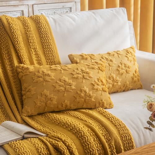 Maple Leaf Fall Throw Pillow Covers 12×20 Set of 2 Mustard Yellow Farmhouse Decorative Pillow Covers for Autumn Harvest Holiday Accent Pillowcases Faux Fur Pillow Cover for Couch Bed Room